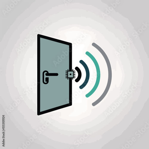 Teal Door with Smart Lock and Wireless Signal Icon Illustration Grey Background image