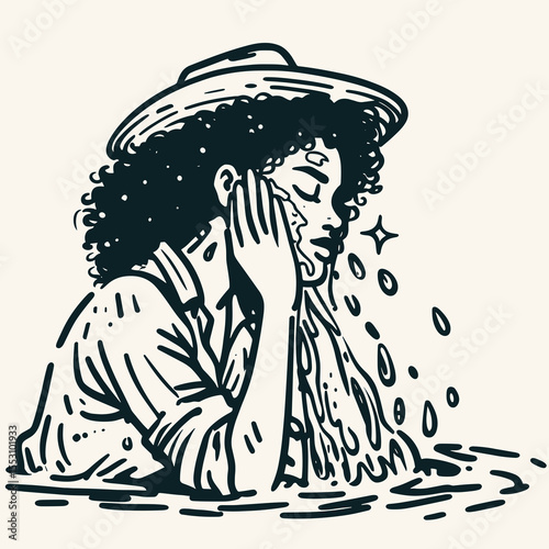 African American Cowgirl Washing face in river. Western Cartoon Clipart Cowboy Silhouette Line Art Vector Illustration. Black woman cleans visage creek country beauty routine rustic scene.