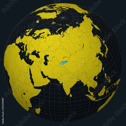 Kyrgyzstan on Globe. Country view on the world map in Charcoal Bright Yellow color palette. Kyrgyzstan shape on map. Globe with meridians, parallels, countries, rivers and lakes.