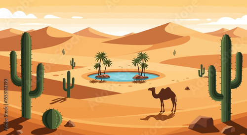 Camel in Desert Oasis Landscape Illustration with Cactus and Sand Dunes