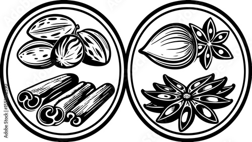 Illustration of spices including cinnamon sticks nutmeg and star anise in black and white circles
