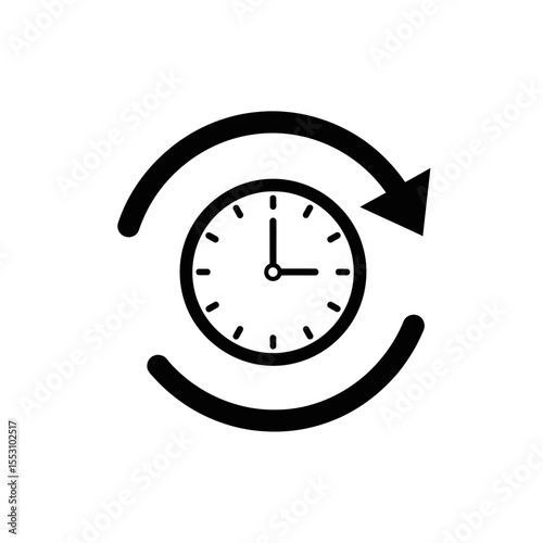 A simple black and white icon of a clock with an arrow circling it in a clockwise direction design