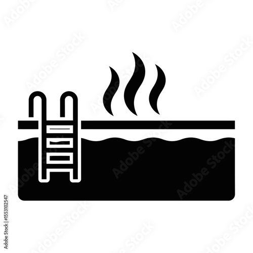 Black silhouette of a hot tub with ladder and steam rising on a white background simple design
