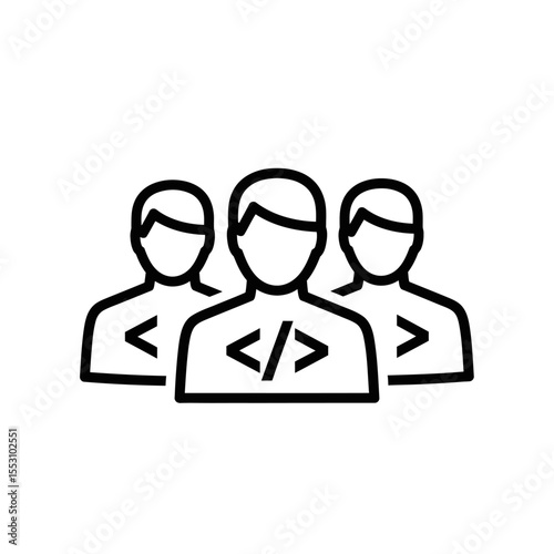 A team of three developers with code symbols on their shirts in a minimalist black and white style