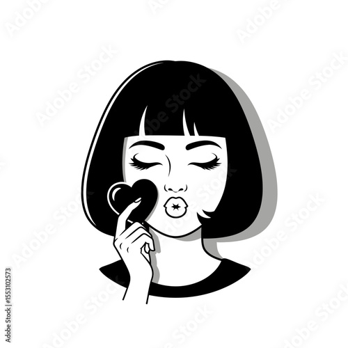 A girl with closed eyes holding a heart in her hand and making a kissing face in black and white art