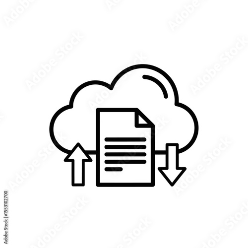 Cloud computing icon with document and up and down arrows in black and white minimalist style image