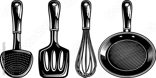 Illustration of a slotted spoon spatula whisk and frying pan kitchen utensils in black and white style