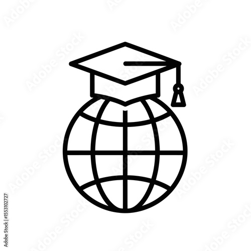 Black and white line drawing of a globe with a graduation cap on top representing global education