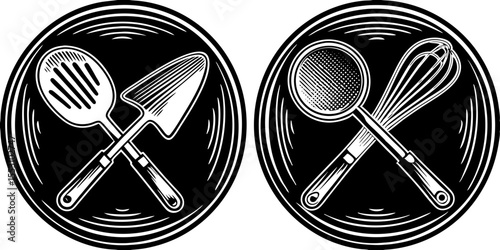 Two black and white circular designs featuring crossed kitchen utensils in a graphic style design