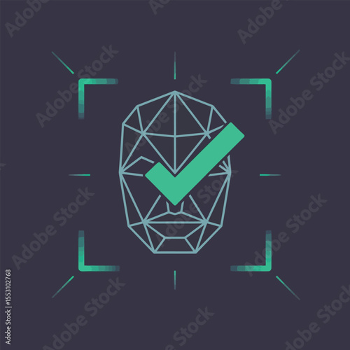 Teal Green Check Mark Overlaying Geometric Face Scan Graphic Dark Background Security Authentication Concept