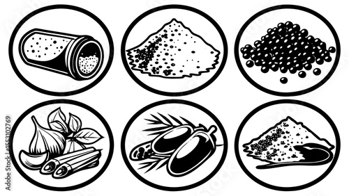 Illustration of six circular icons showcasing spices, herbs, and other culinary ingredients neatly arranged