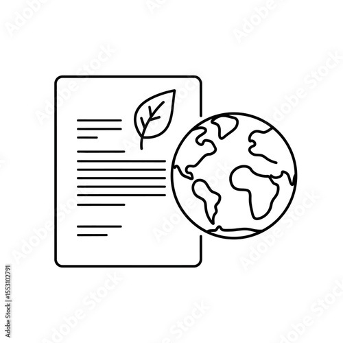 A line drawing of a document with a leaf and a globe representing environmental sustainability