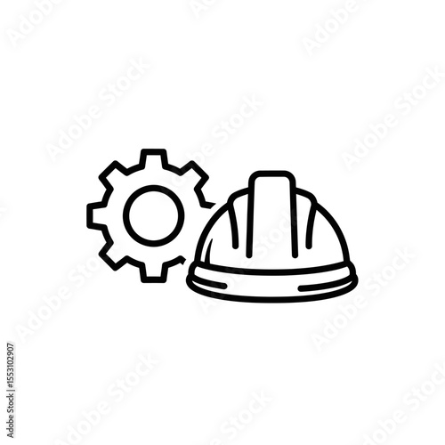 A line drawing showing a hard hat and a gear, both in black outline on a white background space