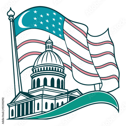 An American flag waving in the wind, with the United States Capitol building in the foreground, against a starry night sky backdrop, digital illustration, detailed line art, vibrant colors, elegant de