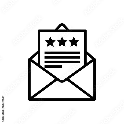 Open envelope icon with a document inside featuring three stars and horizontal lines in black outline