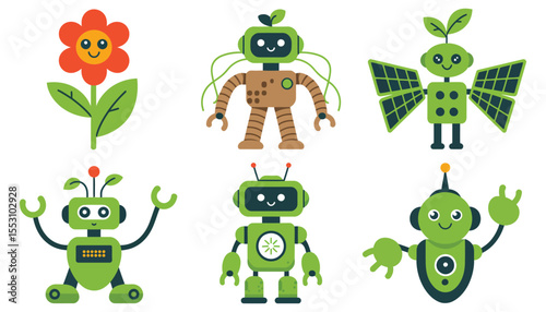 A set of funny, cute green cartoon frog monsters and alien characters with big smiles