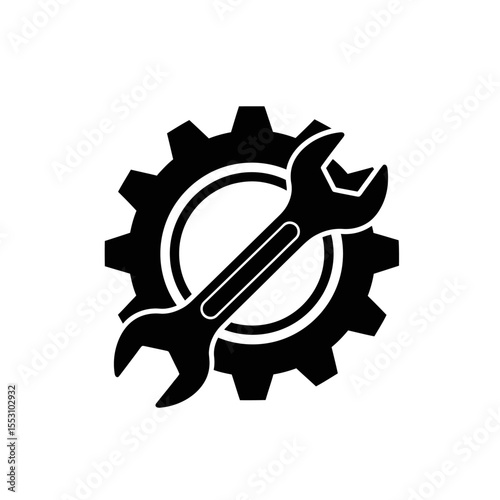 A black and white illustration of a gear with a wrench lying diagonally across the center of it