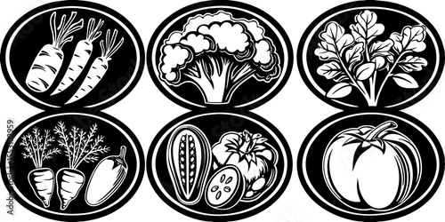 Illustration of six oval frames containing various vegetables such as carrots, broccoli and pumpkin icons