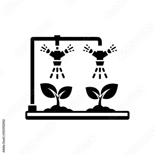 Illustration of two plants being watered by an automated irrigation system in black and white style