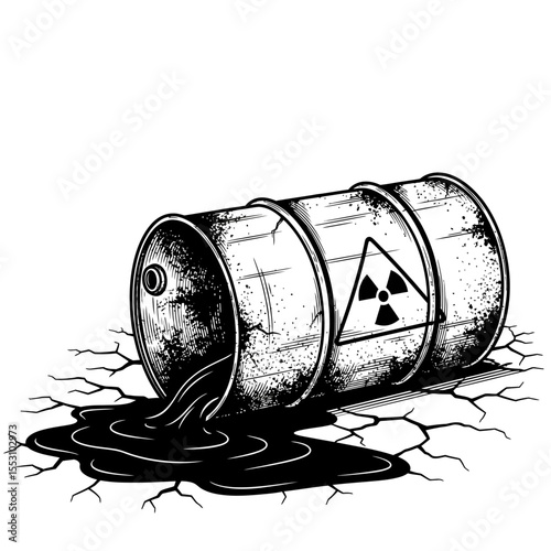 Radioactive barrel leaking black liquid onto cracked ground in a black and white illustration