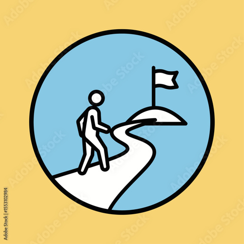Illustration of a person walking a path to a flag on a hill inside a blue circle on yellow background