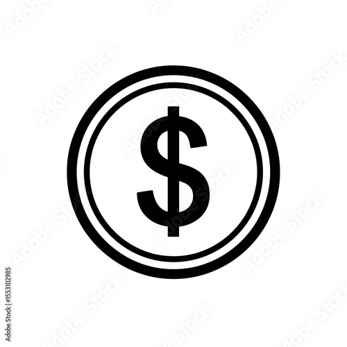 A simple black and white graphic illustration of a dollar coin symbol on a white background