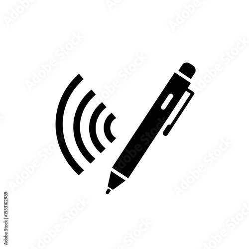 Illustration of a stylus pen with a clip and wireless signal icon in black and white color scheme