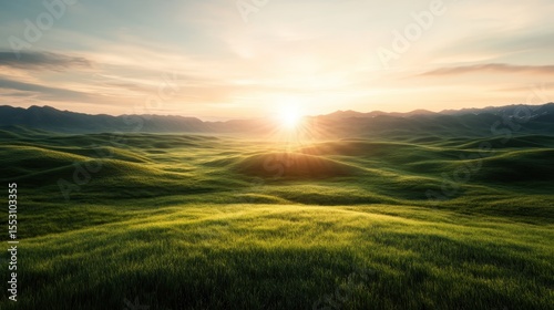 A breathtaking sunrise casts a golden light over lush green hills, creating a serene and idyllic landscape that inspires tranquility and connection with nature.