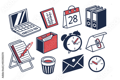 Office Essentials Illustration: A visually appealing illustration showcasing essential office items, depicted in a clean and organized layout that perfectly captures the everyday workplace essentials.