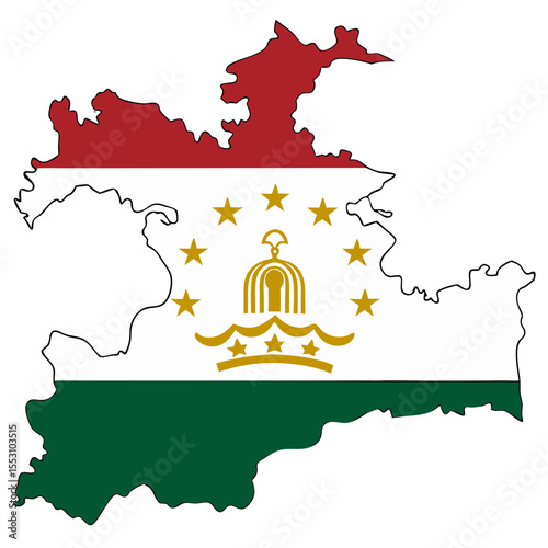 Detailed vector illustration of the flag of Tajikistan, realistic 3D rendering, highly detailed, intricate design, ornate patterns, complex shapes, vibrant colors, clean sharp edges, high quality, dig