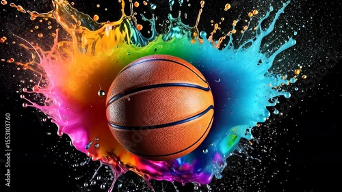 basketball with color splashing on black background	