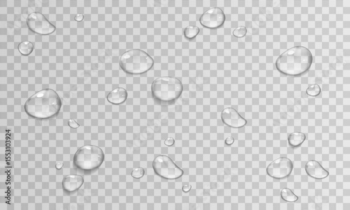 Vector Water Drops on Glass. Realistic Rain Drops on Transparent Background. Stock royalty free
