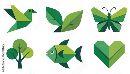 Green eco icon set of leaf and plant elements for nature design