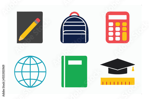 Back to school: A collection of vibrant icons symbolizing education and academic pursuits. From notebooks and pencils to backpacks and calculators.