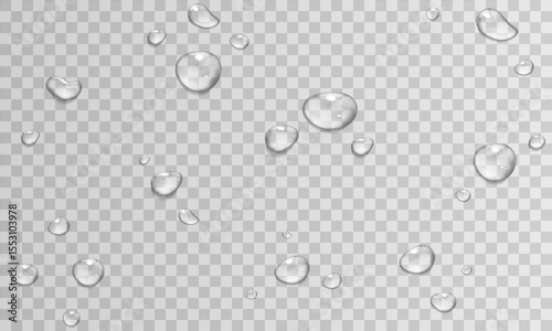 Vector Water Drops on Glass. Realistic Rain Drops on Transparent Background. Stock royalty free