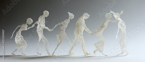 A procession of figures crafted from delicate thread.