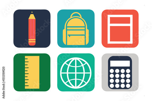 Back to School Essentials: A vibrant collection of icons representing essential school supplies, including a pencil, backpack, notebook, ruler, globe, and calculator.