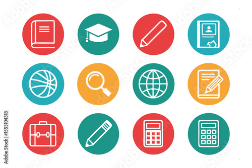 Education Icon Array: A vibrant and organized collection of educational icons in a circle form, each symbolizing different aspects of learning, providing a visual language of education. 