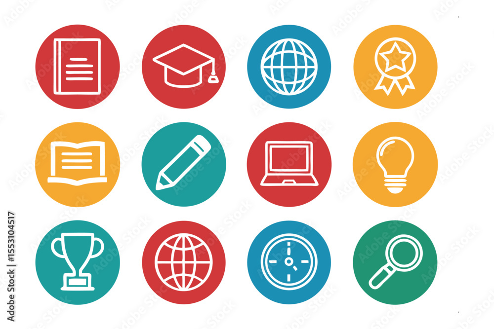 Education Icon Set: A vibrant collection of educational icons, representing the core elements of learning, from academia to online knowledge acquisition.