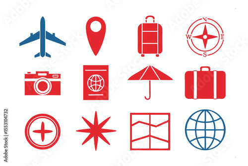 Travel Icons: A collection of vibrant, easily recognizable travel icons against a clean backdrop. From planes to passports and suitcases to globes.