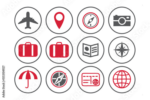 Journey Essentials Icons: A collection of essential travel icons, each meticulously crafted, depicting journey planning, adventure, and globetrotting spirit. 