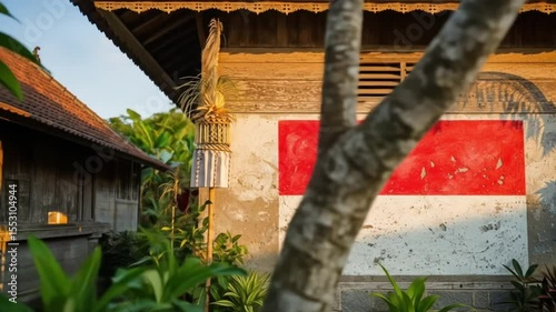 Traditional Indonesian Architecture Rustic Wooden House with Red Wall Detail