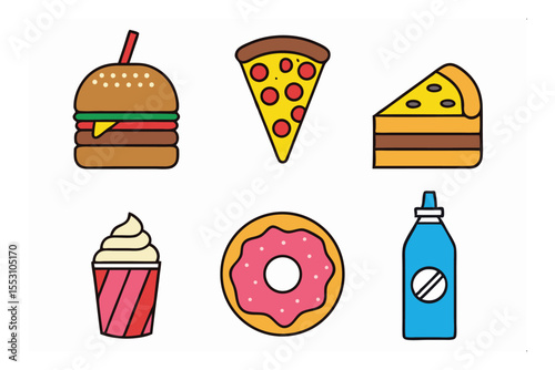 Set of Delicious Delights: A vibrant compilation of classic comfort food icons, inviting a visual feast for culinary enthusiasts and food lovers alike.