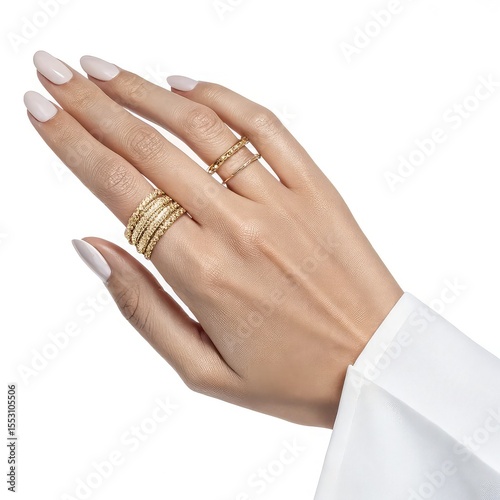 Elegant hand adorned with stacked gold rings and delicate double band ring