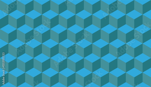 Blue 3d cube seamless isometric pattern background geometric texture. 3d cube backdrop squares.