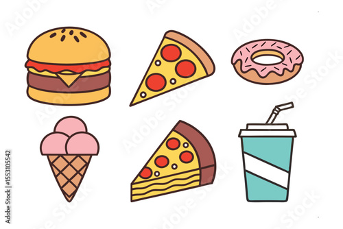 Delicious Treat Spread: A colorful collection of food icons, featuring a burger, pizza, donut, ice cream, pizza slice, and drink. Perfect for menus, food blogs, or graphic designs.