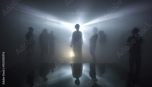 Silhouettes of people in a foggy, illuminated space.