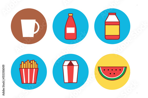 Set of Colorful Icons of Drinks and Food: The image is a vibrant composition of food and drink, arranged in circular icons for immediate visual recognition.