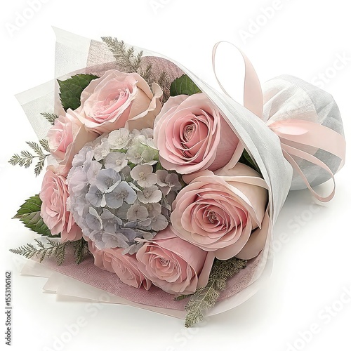 Elegant pink roses and blue hydrangea bouquet with delicate wrapping