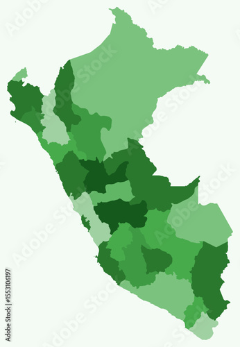Map of Peru with regions. A simple country border map with region division. Green color palette. Flat Peru shape with administrative division. Vector illustration.